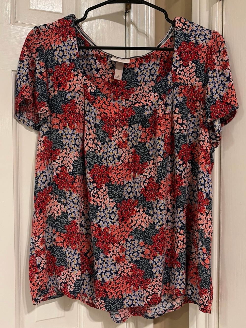 Knox Rose Women Blouse Red Floral Scoop Neck Pullover Short Sleeve